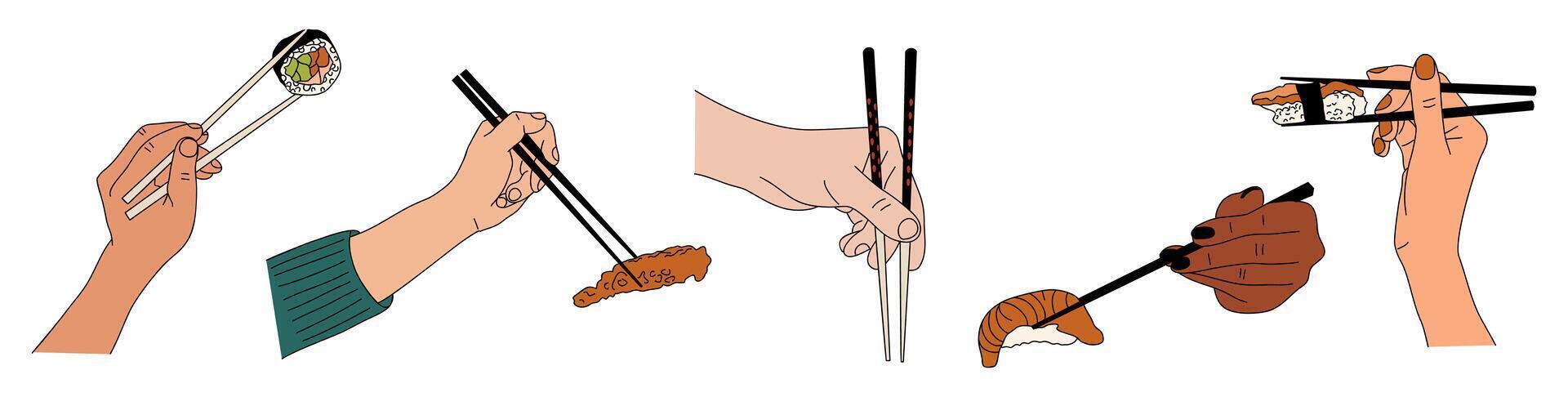 Set of hands holding chopsticks with sushi vector