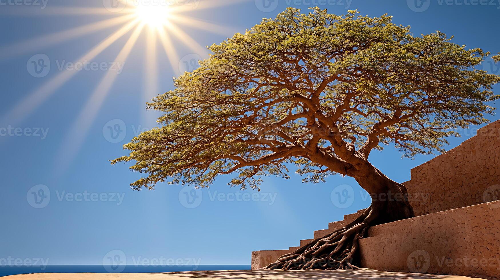A solitary tree with expansive roots stands against a bright sunlit sky by the ocean photo
