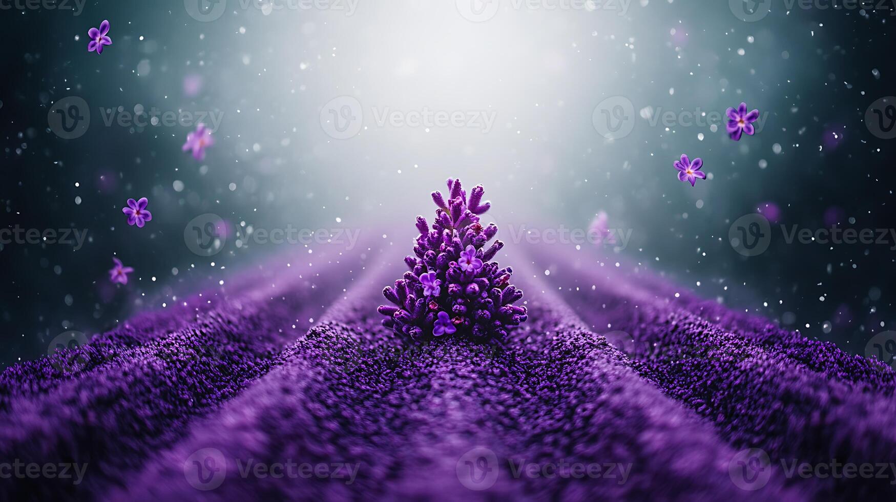 A serene lavender field with a single plant in focus, surrounded by soft bokeh and floating petals photo