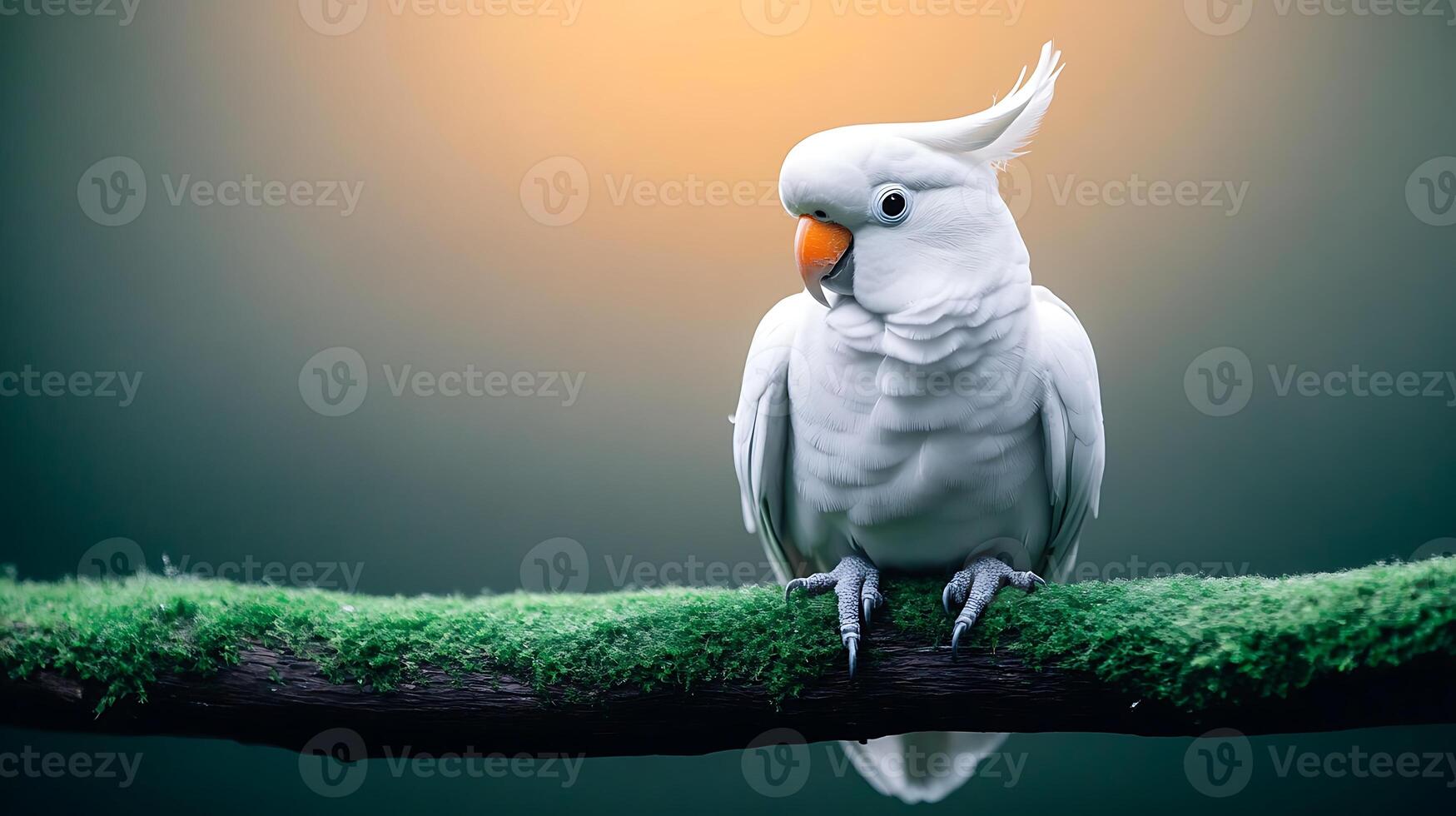 A serene white cockatoo perched on a moss-covered branch, illuminated by a soft sunset glow photo