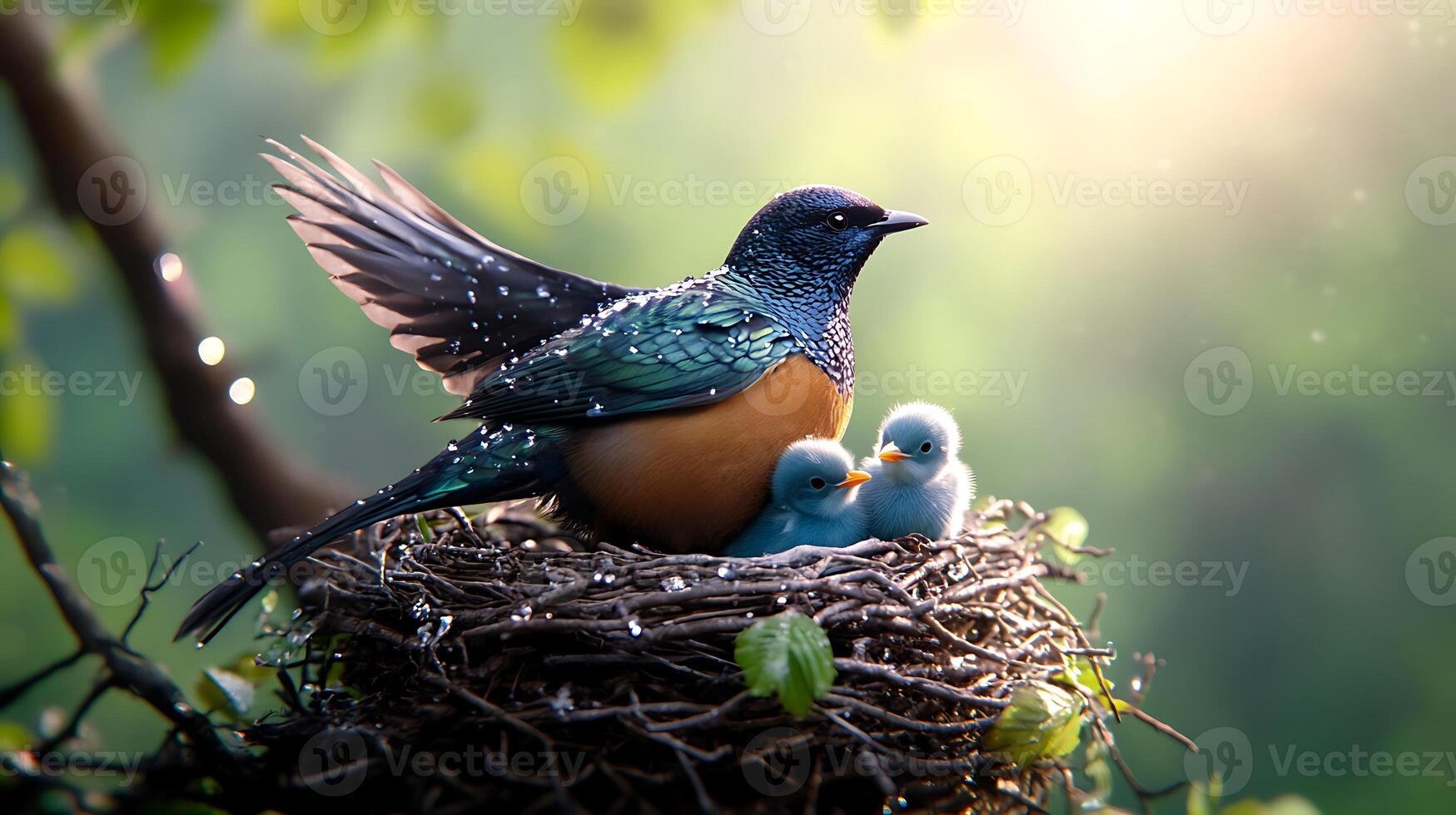 A vibrant bird tending to its nest of fluffy chicks amidst a serene, sunlit forest backdrop photo