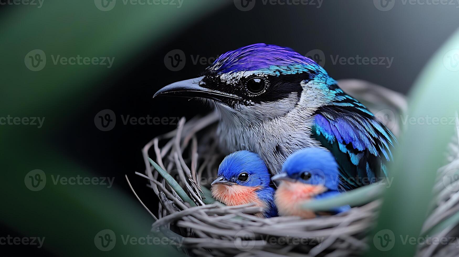 A vibrant bird with striking plumage sits protectively in its nest with two blue chicks, surrounded by foliage photo