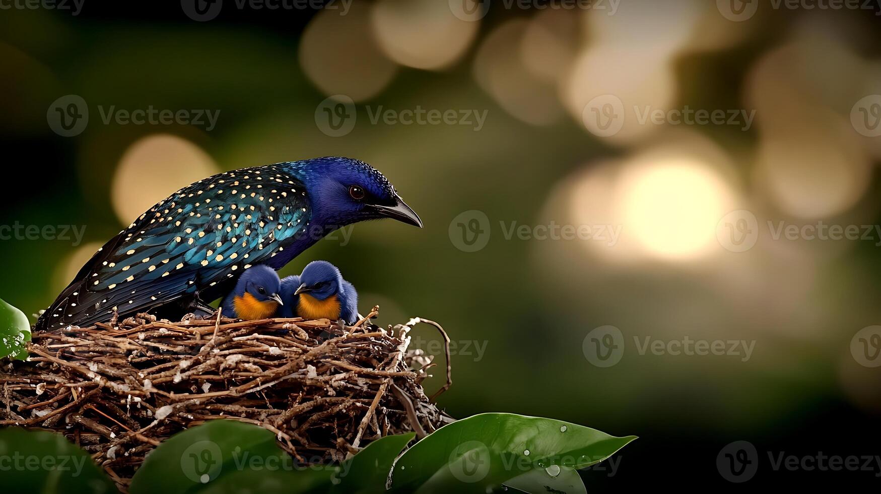 A vibrant bird caring for its two chicks in a lush green nest with a blurred natural background photo