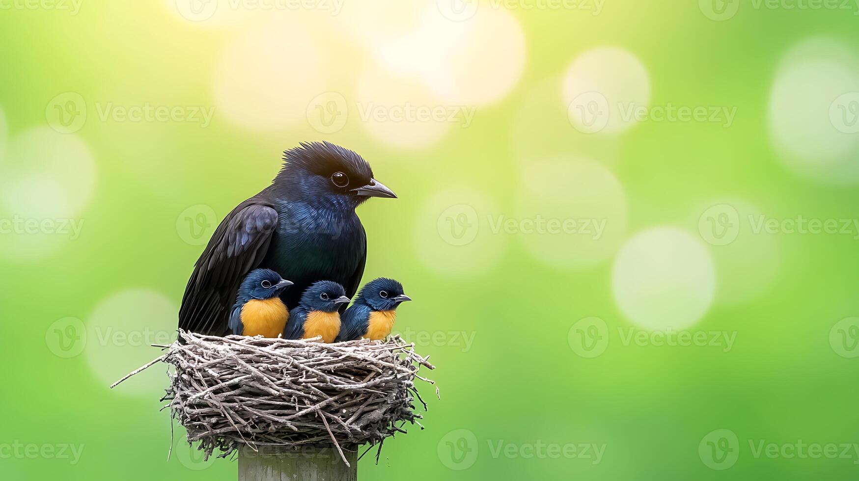 A parent bird feeding three vibrant chicks in a cozy nest against a blurred green background photo