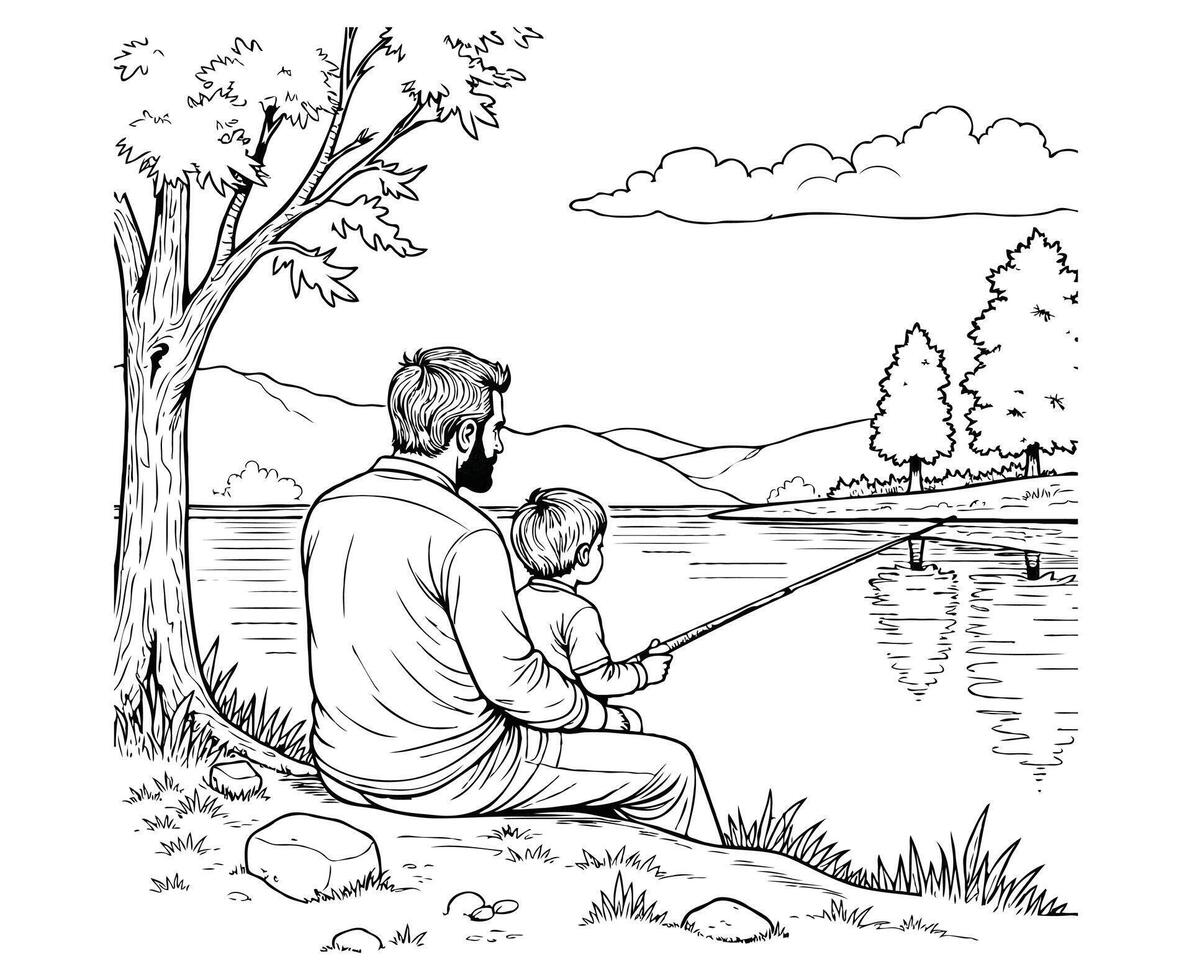 Fishing with Dad Coloring Page vector