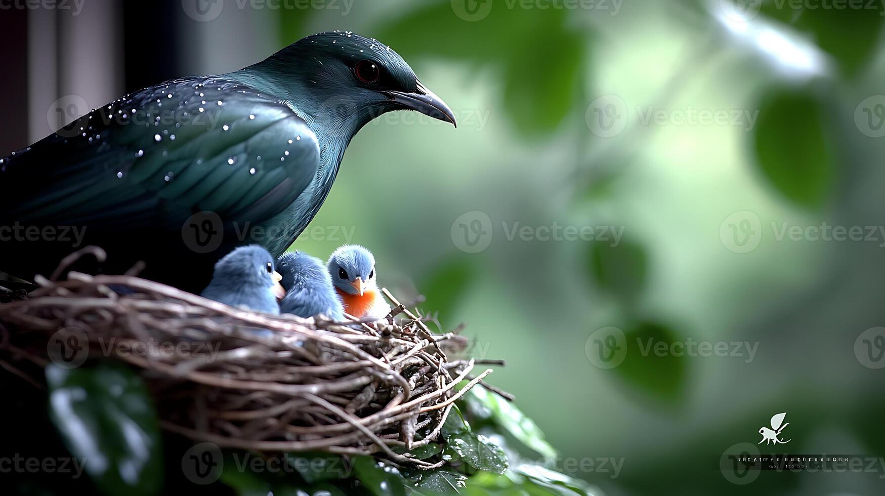 A serene scene of a bird perched protectively over its three blue chicks in a lush, green environment photo