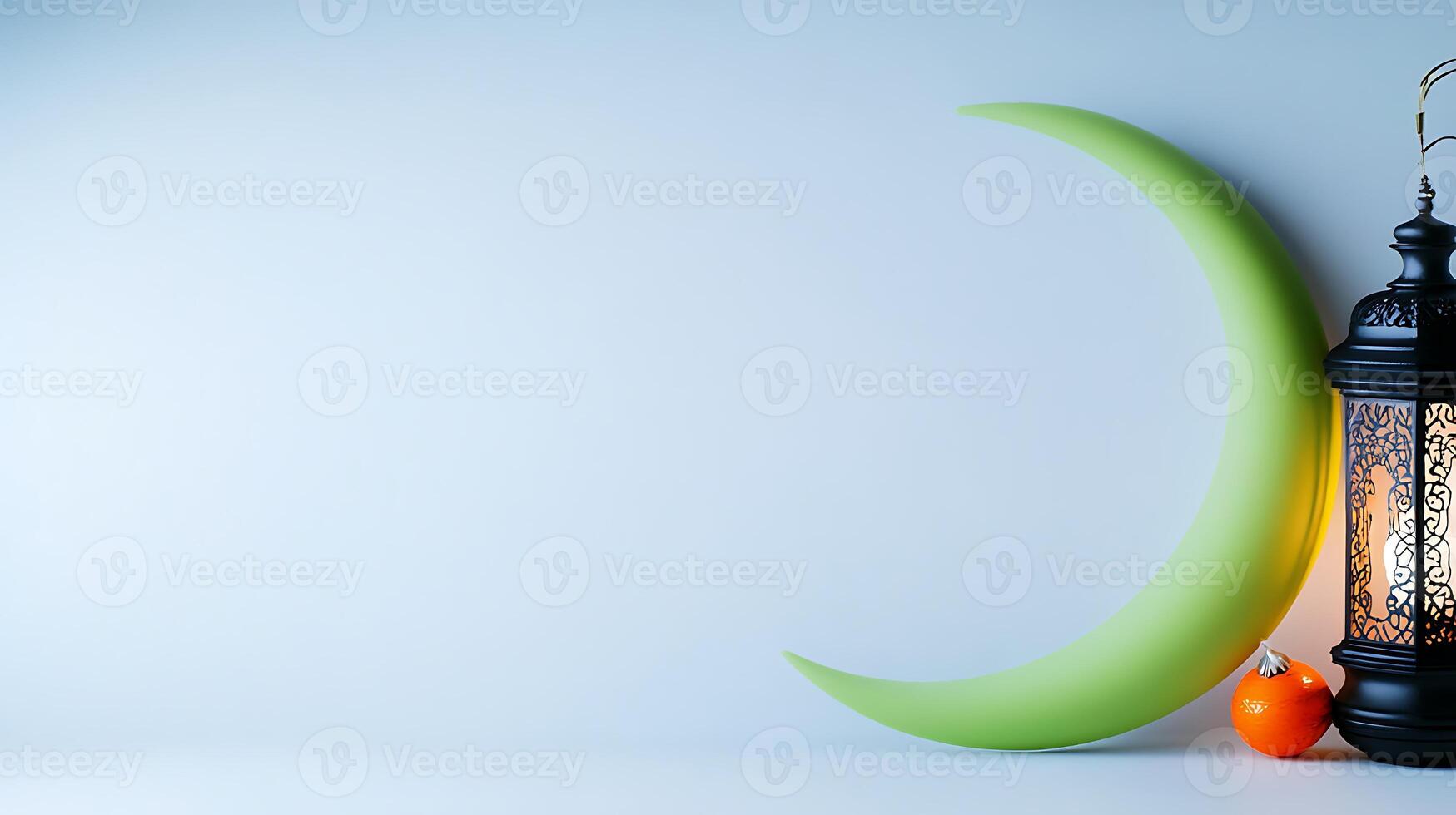 A serene nighttime scene featuring a crescent moon, lantern, and orange ornament on a soft background photo