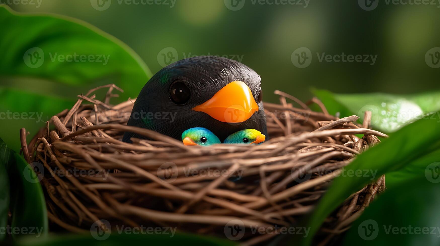A mother bird with vibrant chicks nestled in a natural nest surrounded by lush foliage photo