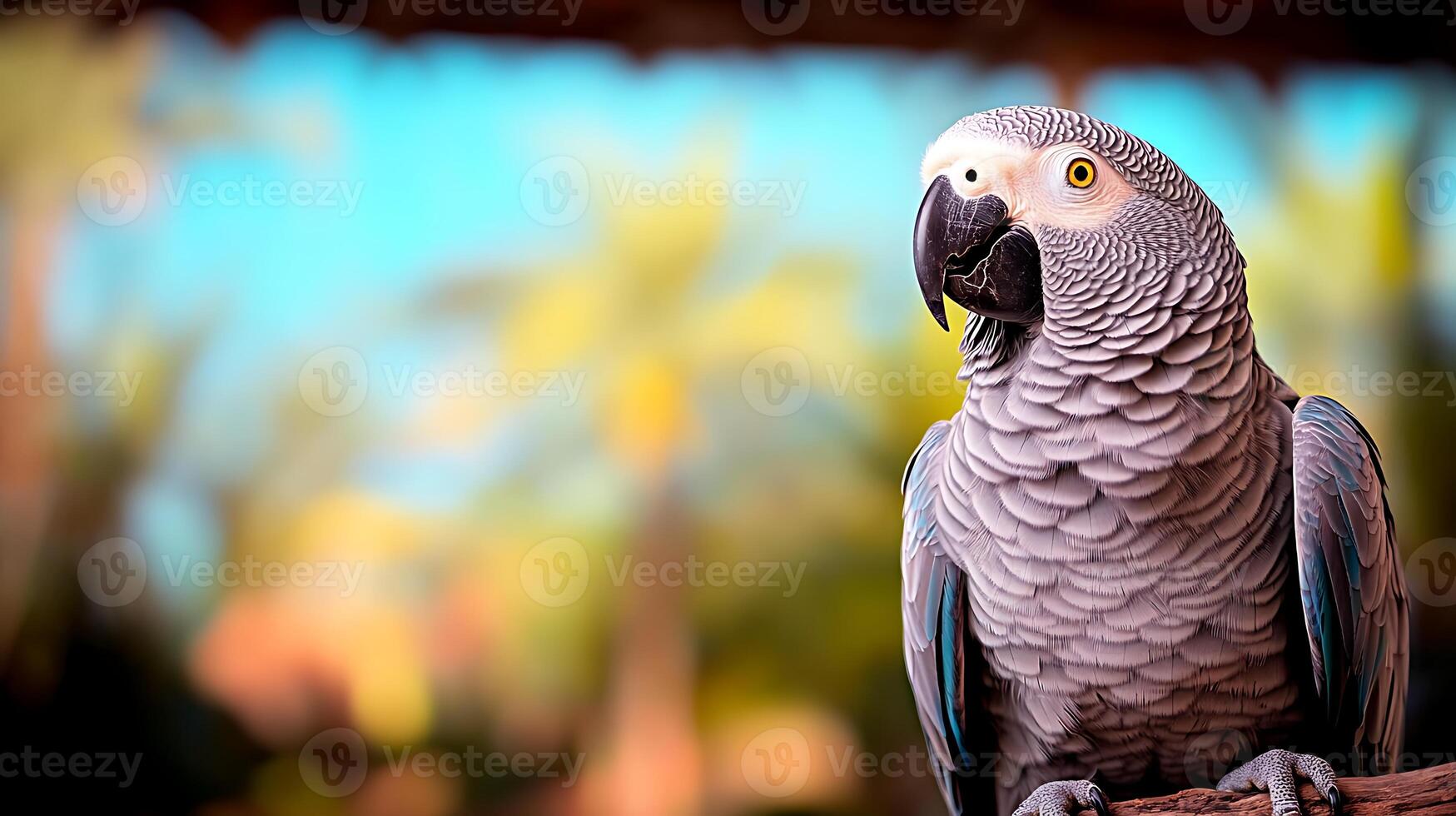 A vibrant gray parrot perched against a tropical backdrop, showcasing its colorful feathers and curious expression photo