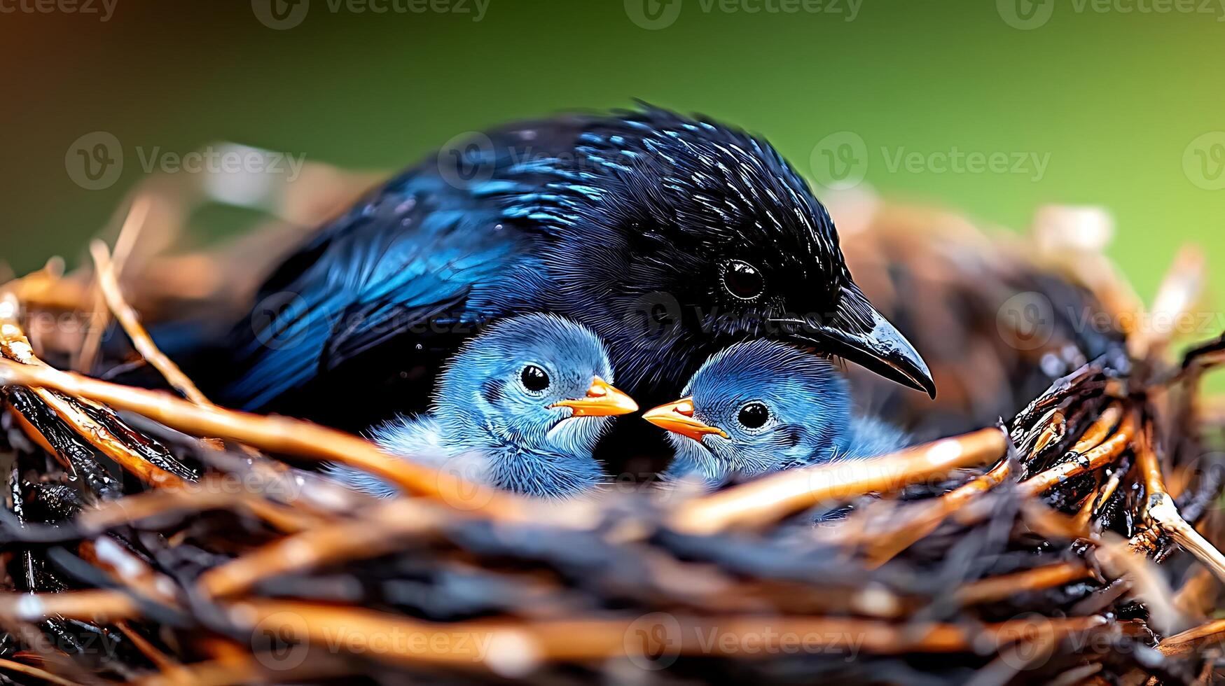 A nurturing bird sits protectively over its two blue chicks in a cozy nest surrounded by twigs photo