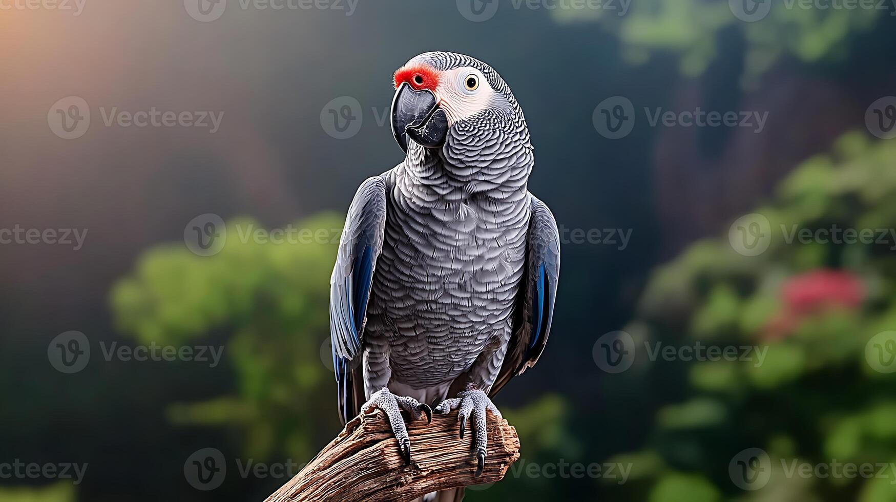 A vibrant parrot perched on a branch amidst a lush, tropical background with soft lighting photo