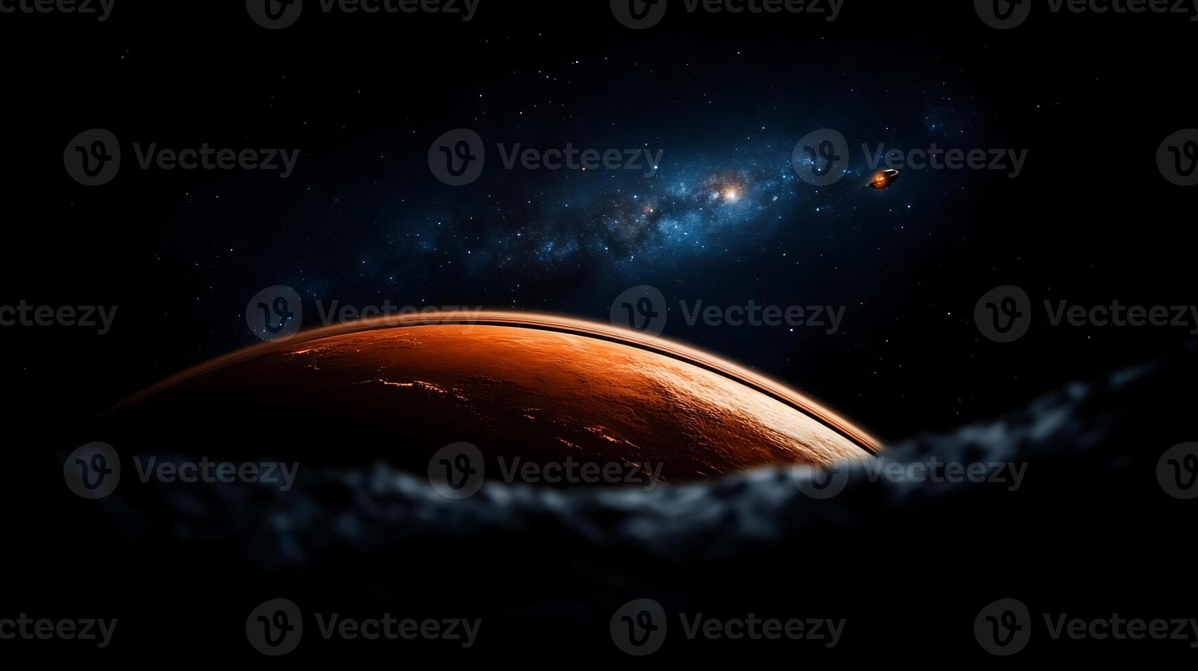 A stunning view of Mars from a rocky lunar surface, showcasing the cosmos in the background photo
