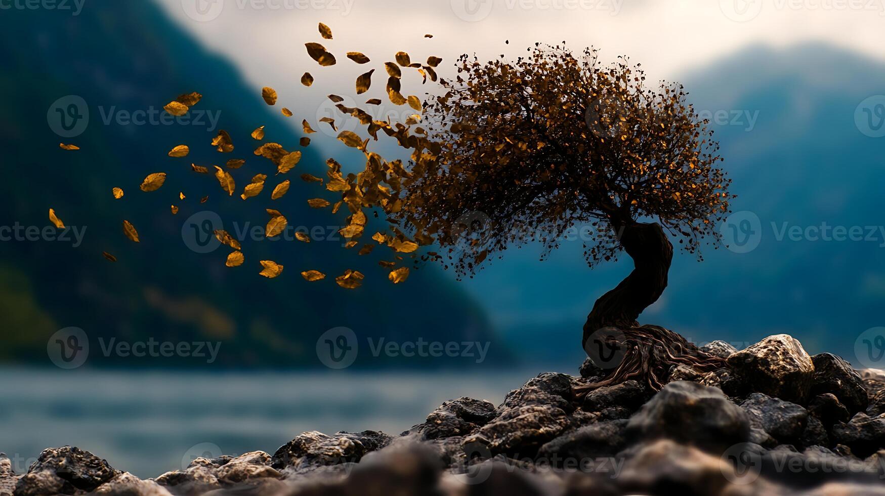 A solitary tree with swirling autumn leaves by a serene lake surrounded by mountains photo