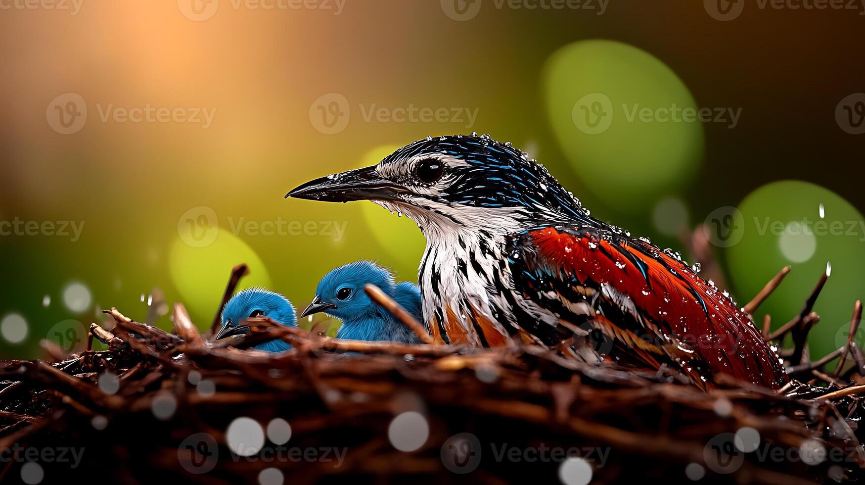 A vibrant bird caring for its two blue chicks in a cozy nest surrounded by a lush background photo