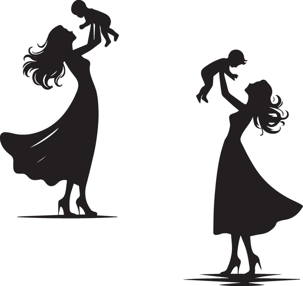 silhouette of a mother holding her baby up in the air. vector