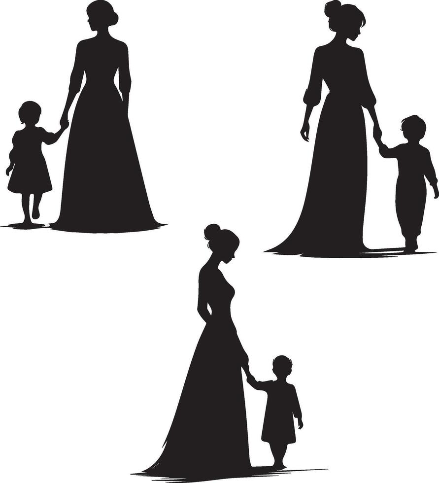 set of silhouette of a mother and her child vector