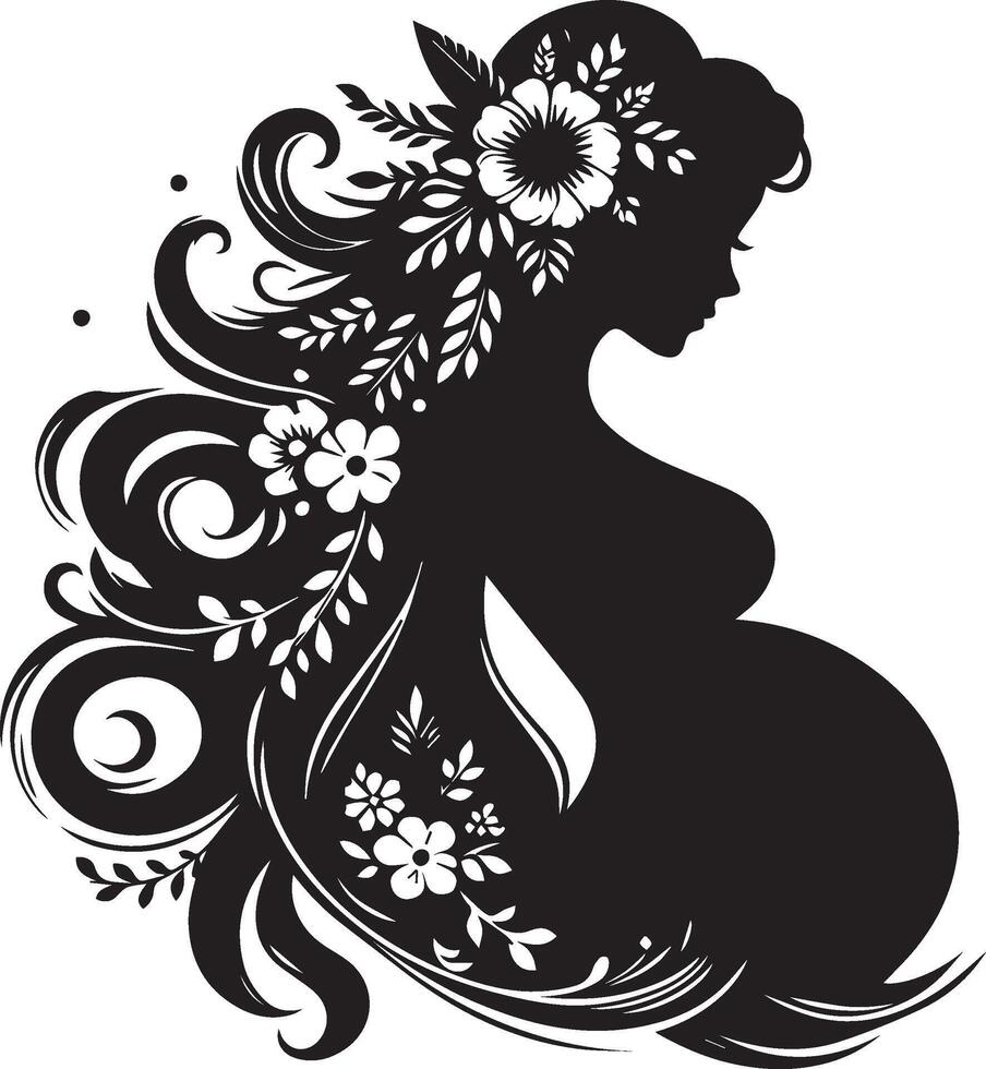 a black silhouette of a pregnant woman with long, flowing hair. vector