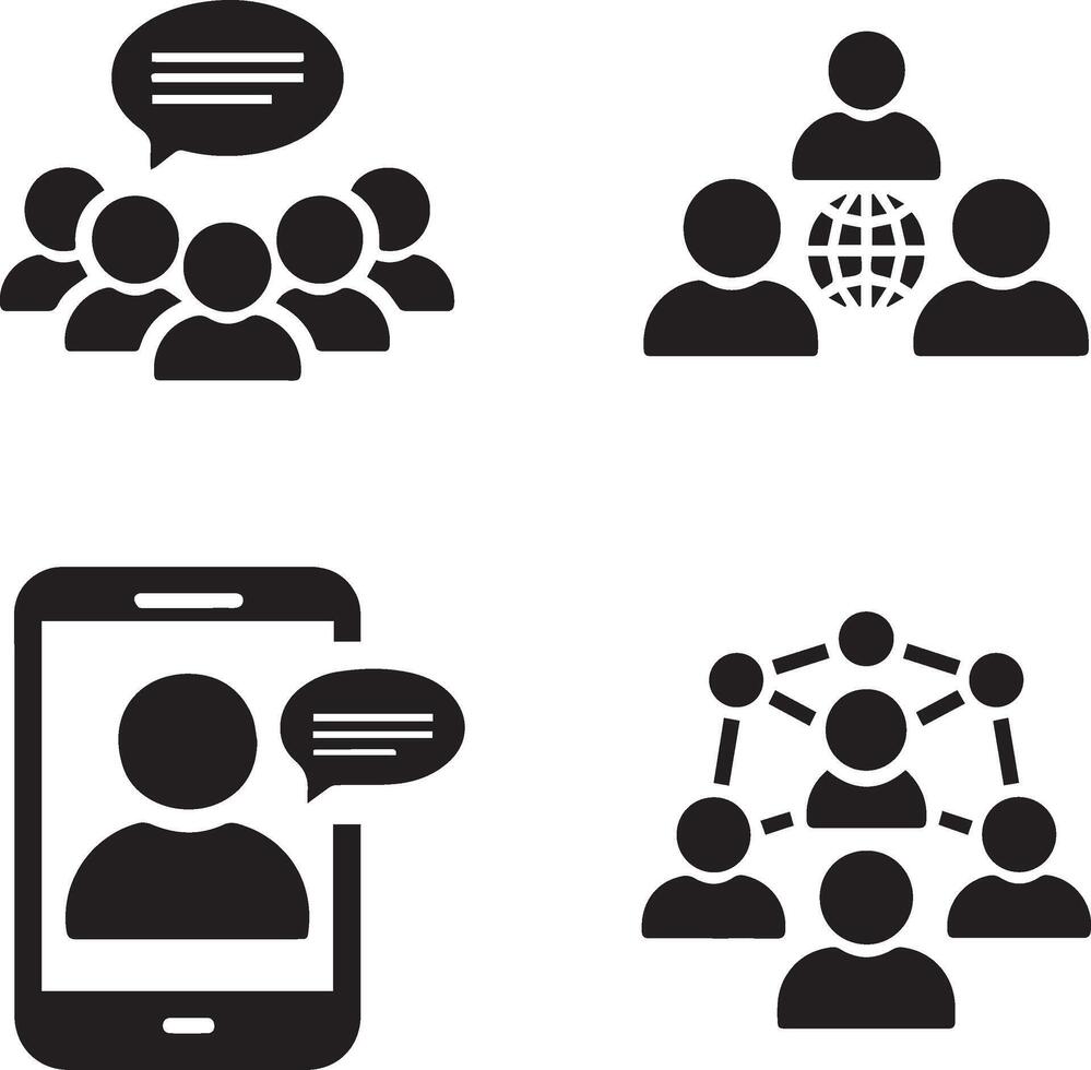 a set of four black and white icons representing different types of community icons. vector