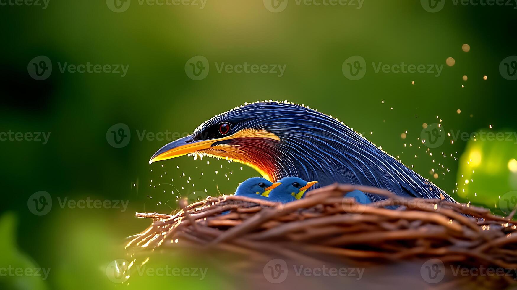 A vibrant bird perched in a nest surrounded by lush greenery, with sunlight filtering through photo