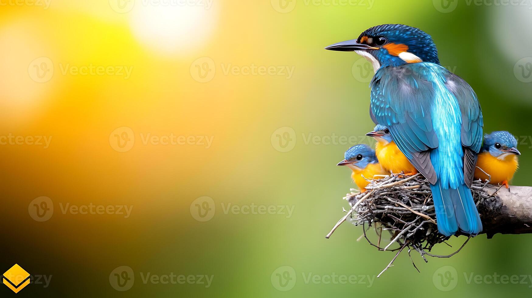 A vibrant kingfisher perched on a nest with three chicks, set against a blurred nature background photo