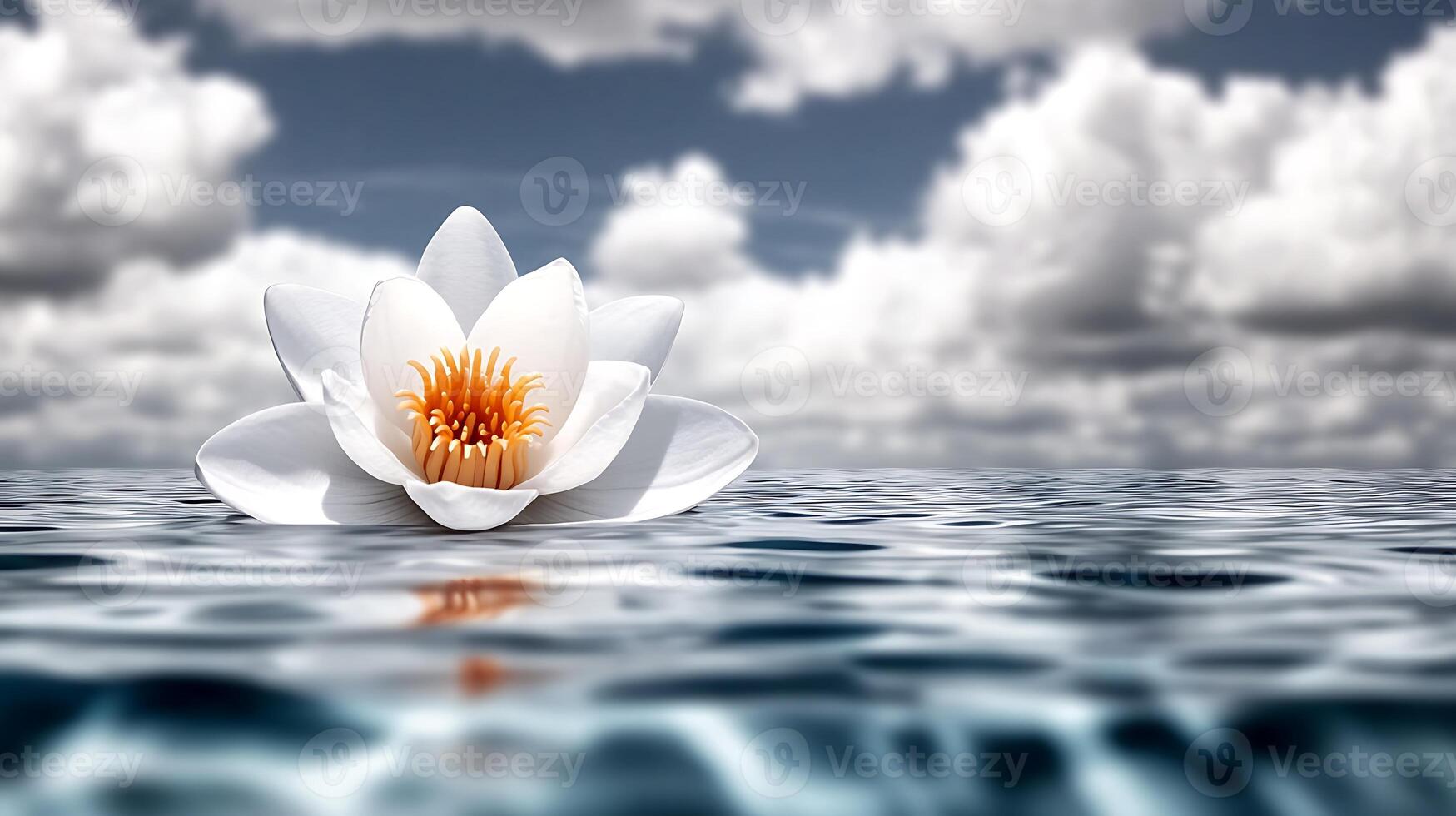 A serene white lotus flower floating on calm water under a cloudy sky, evoking tranquility photo