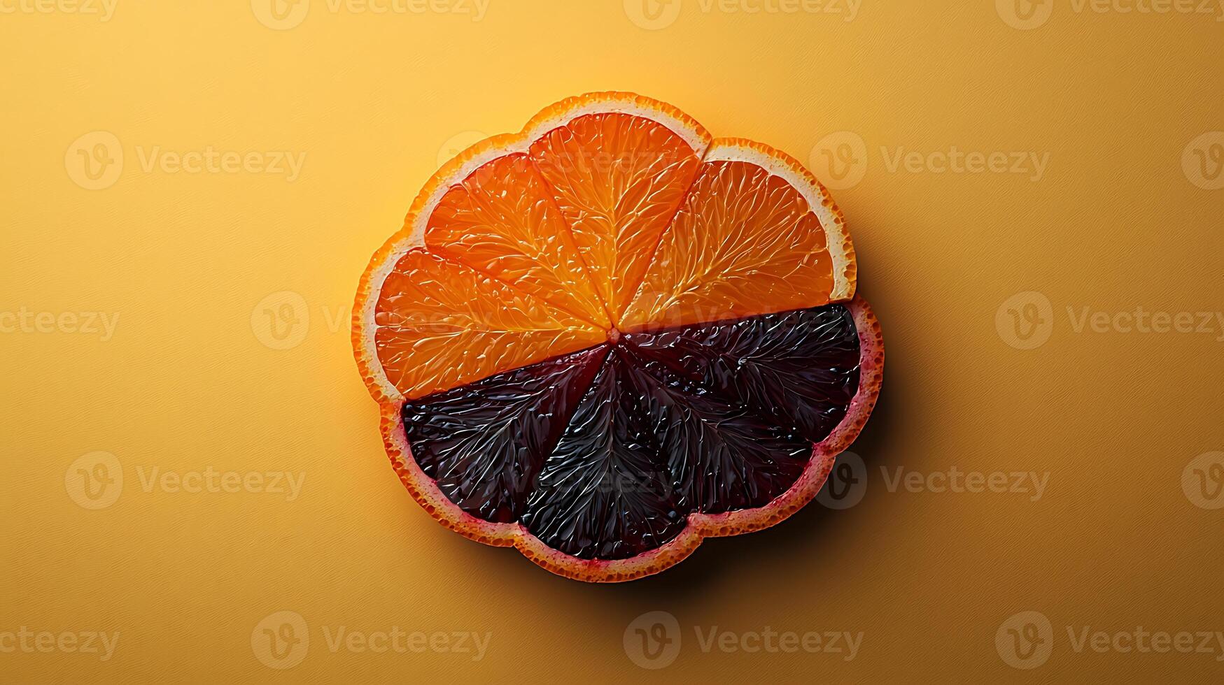 Blood orange half circle, studio shot, yellow background, food photography photo