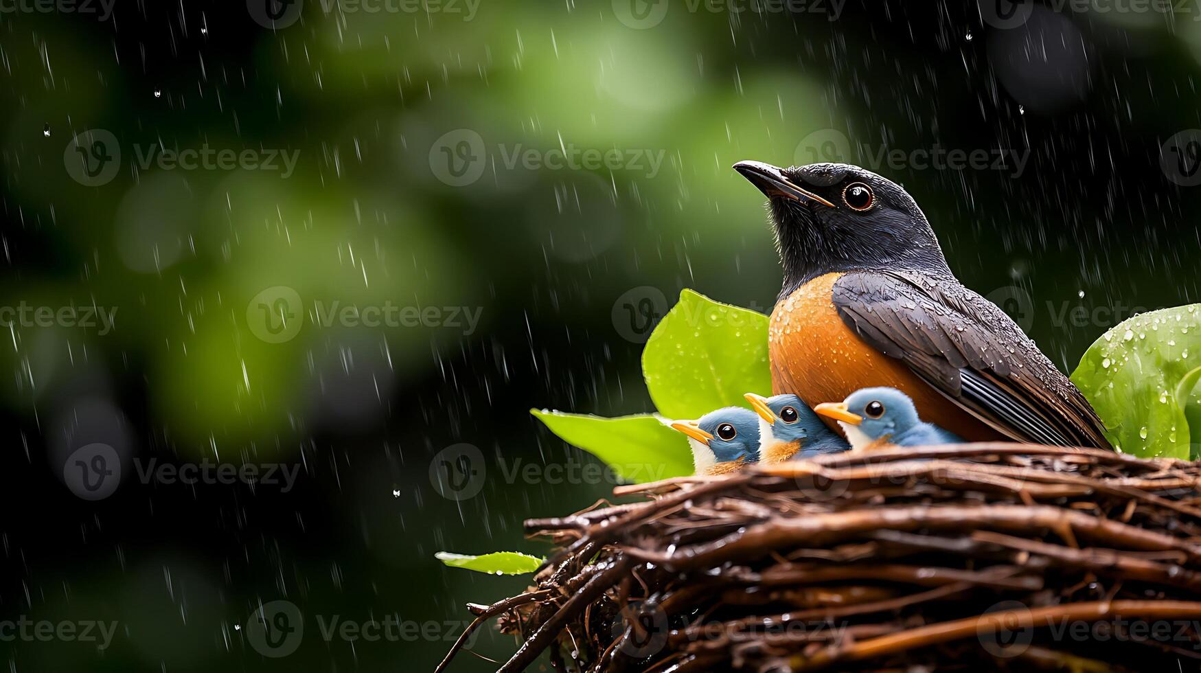 A mother bird sits protectively in a nest with three blue chicks, surrounded by lush greenery in the rain photo