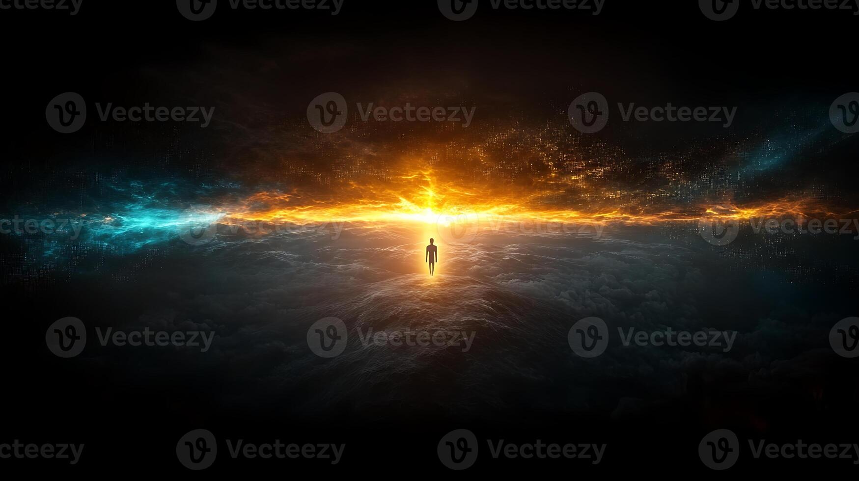 A solitary figure stands amidst a dramatic sunset over a vast ocean, symbolizing hope and reflection photo