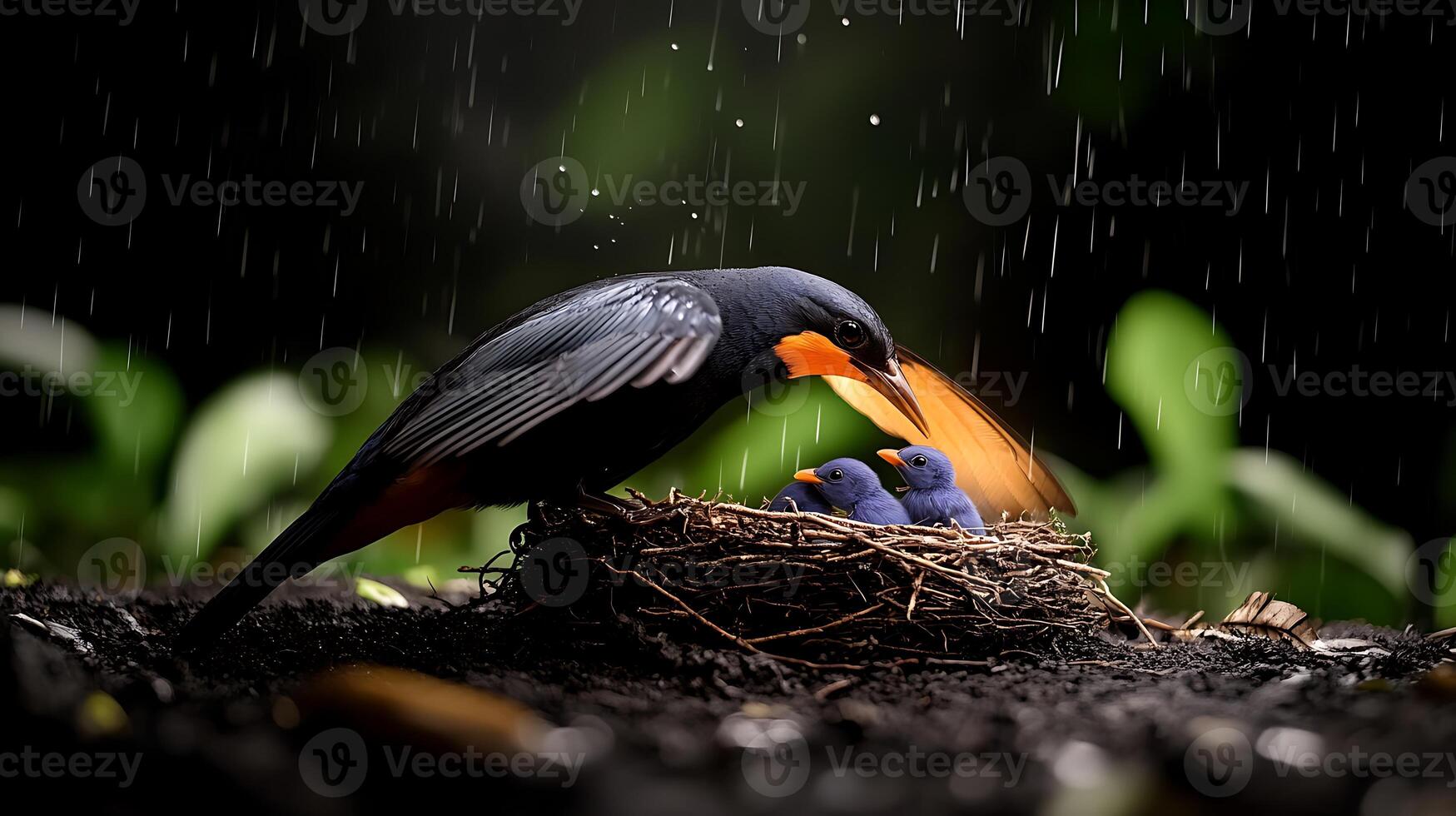A vibrant bird feeding its chicks in a rain-soaked nest amidst lush greenery photo