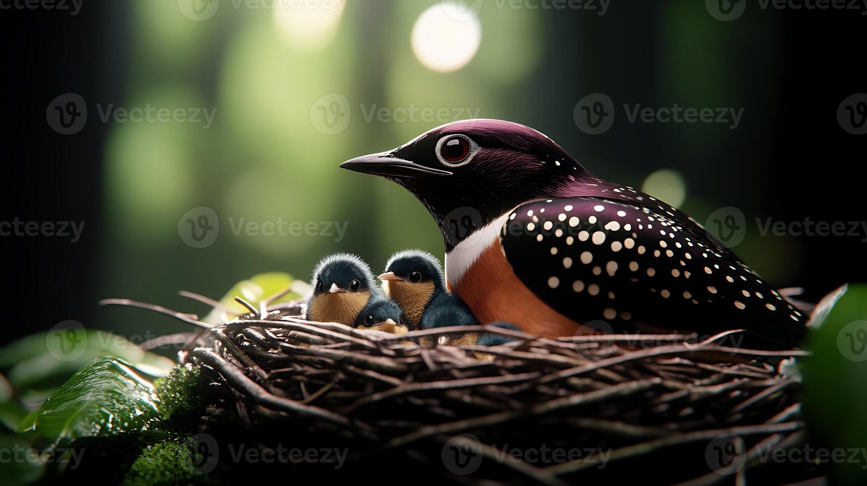 A mother bird with vibrant plumage caring for her three chicks in a lush forest nest photo