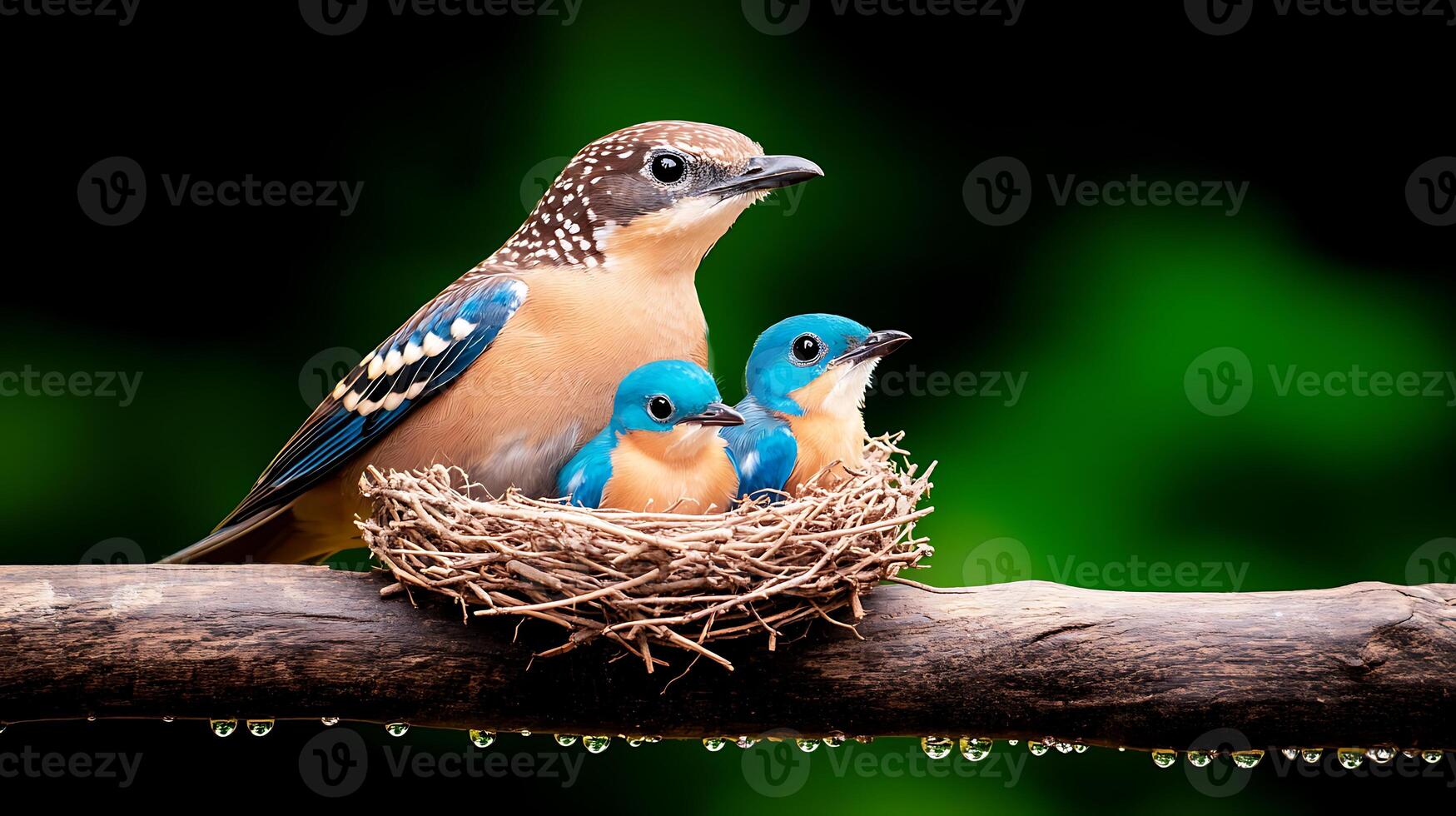A vibrant bird perched on a nest with two blue chicks, set against a lush green background photo