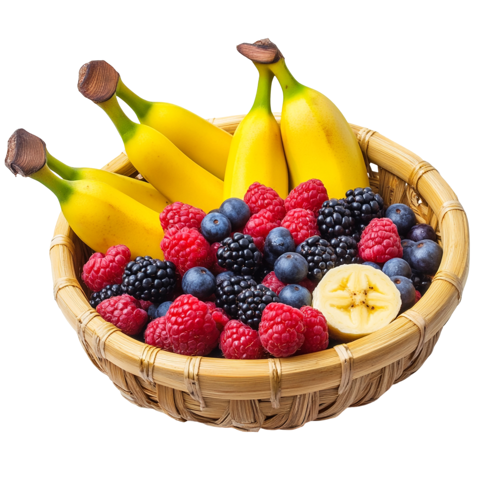 A basket of fruit with bananas, raspberries, and blueberries png