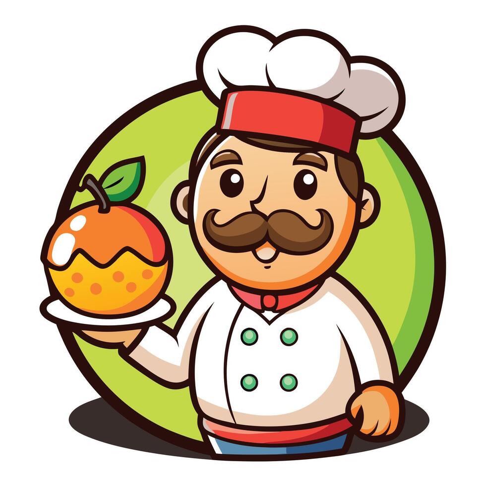 Chef Character with Healthy Fruits Cute and Playful Chef Cartoon Mascot with Apple, Guava, and Strawberry vector