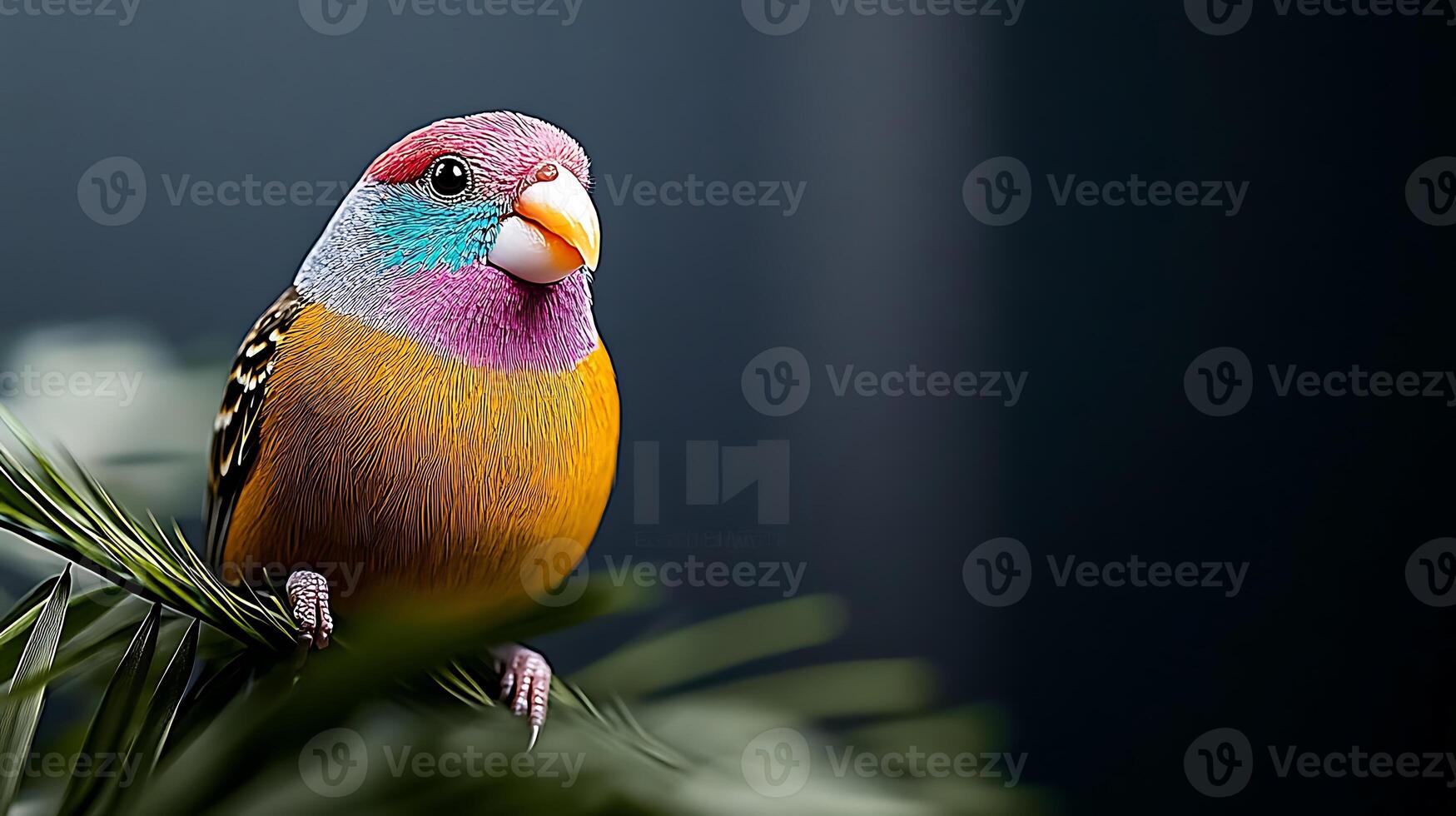 A vibrant bird perched on a green leaf, showcasing its colorful plumage against a blurred background photo