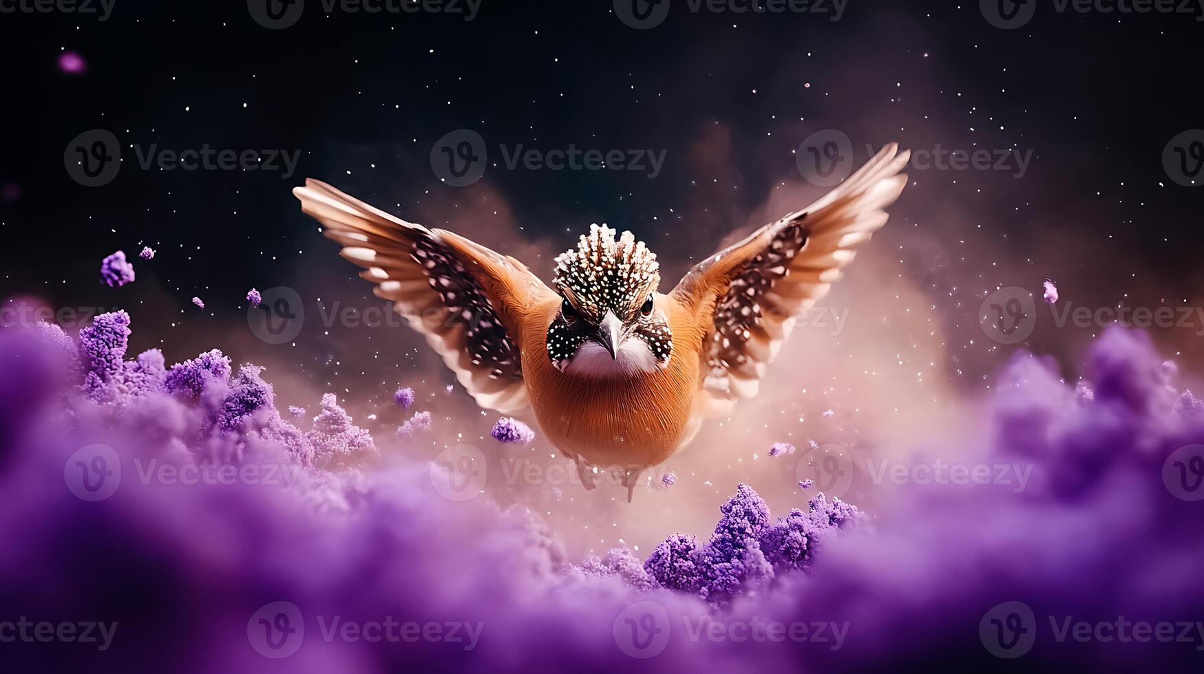 A vibrant bird soaring through colorful clouds, showcasing its wings in a dynamic pose photo