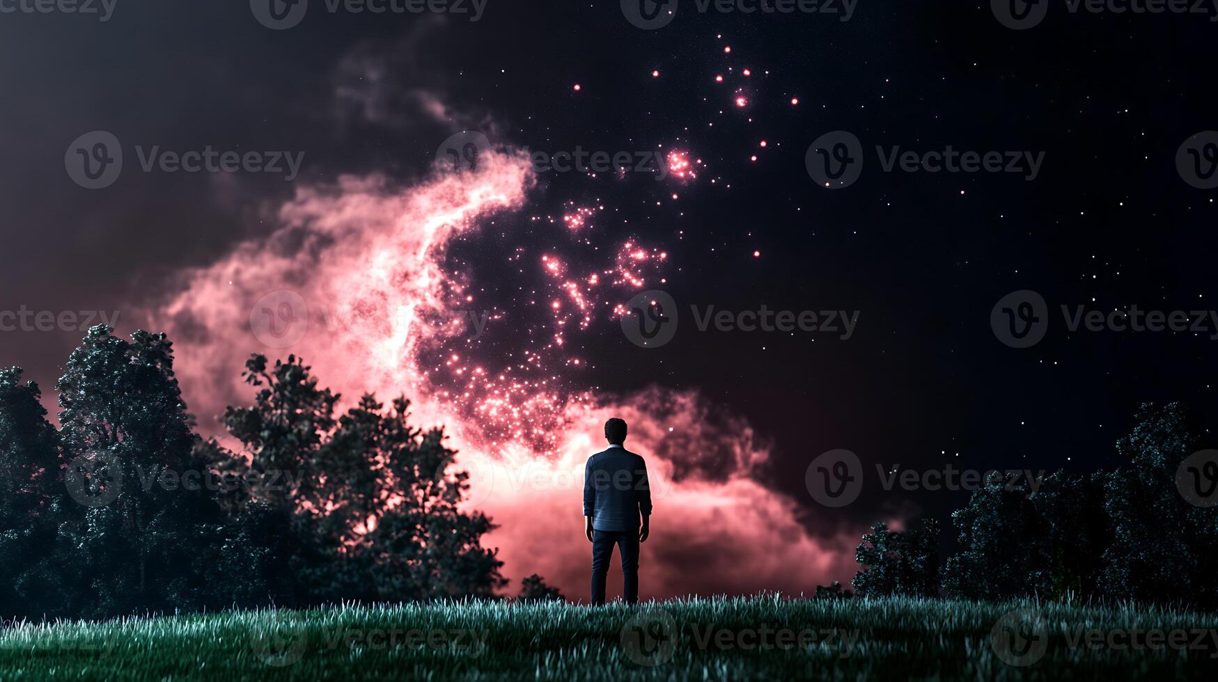 A solitary figure gazes at a vibrant cosmic scene filled with stars and nebulae, evoking wonder photo