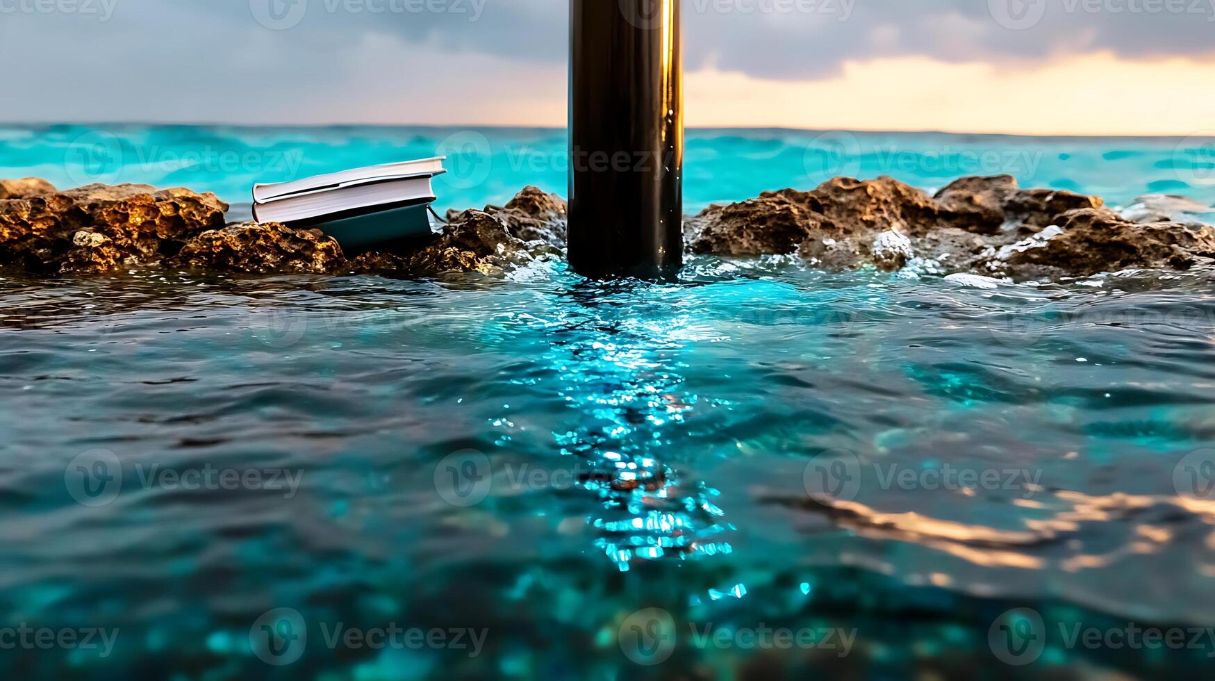 A serene coastal scene featuring a book resting on rocks near calm turquoise waters at sunset photo