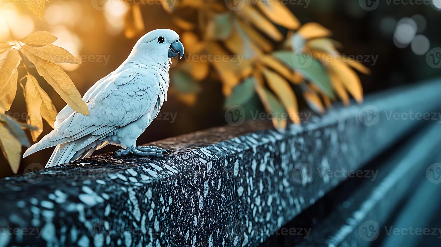 A serene white parrot perched on a textured railing surrounded by vibrant foliage at sunset photo