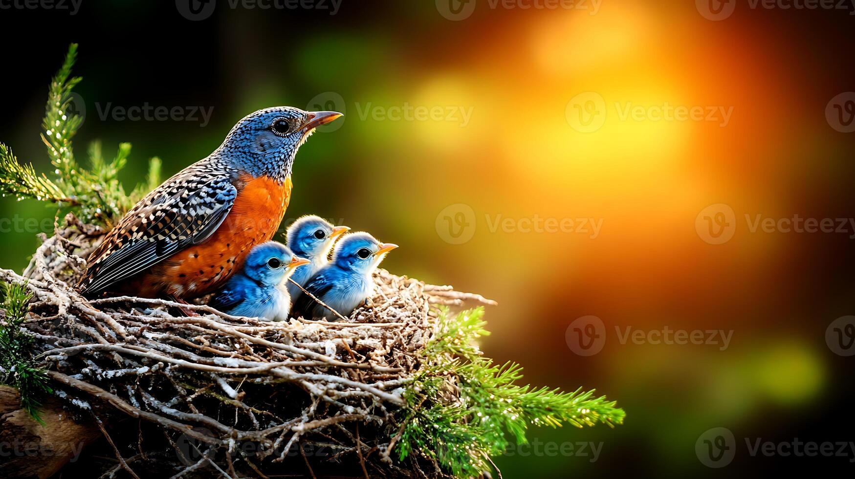 A vibrant bird feeding three chicks in a nest surrounded by lush greenery at sunset photo