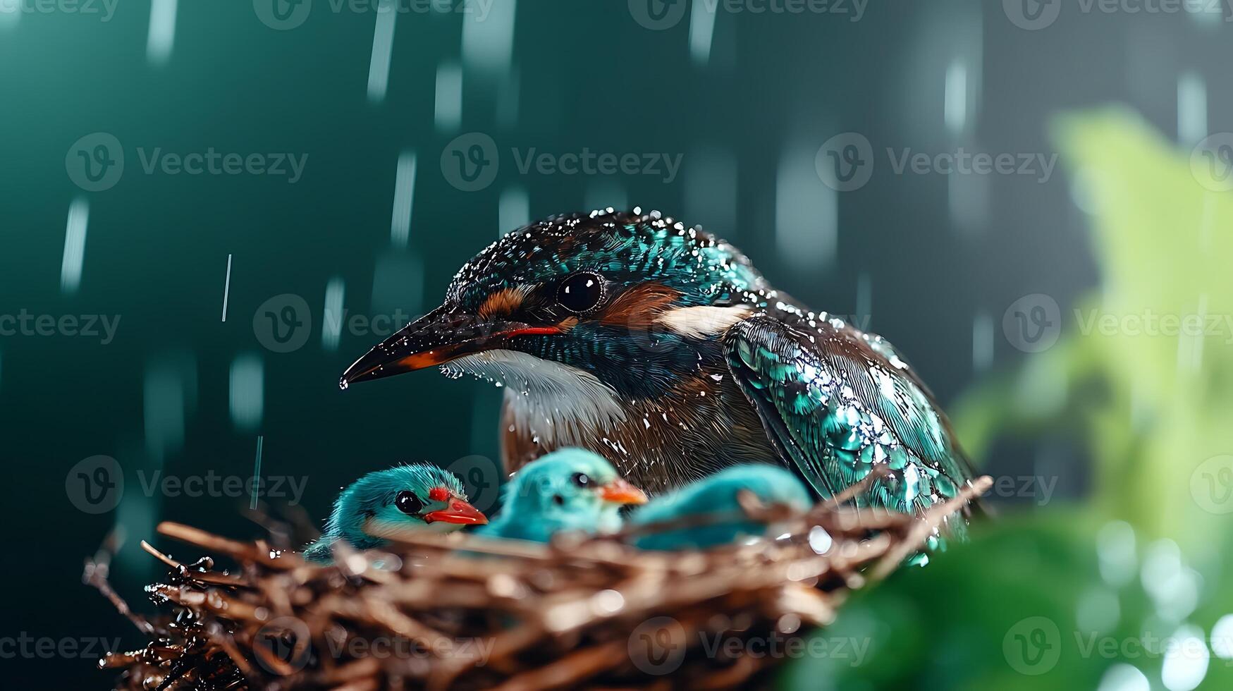 A vibrant kingfisher perched protectively over its three chicks in a rain-soaked nest photo