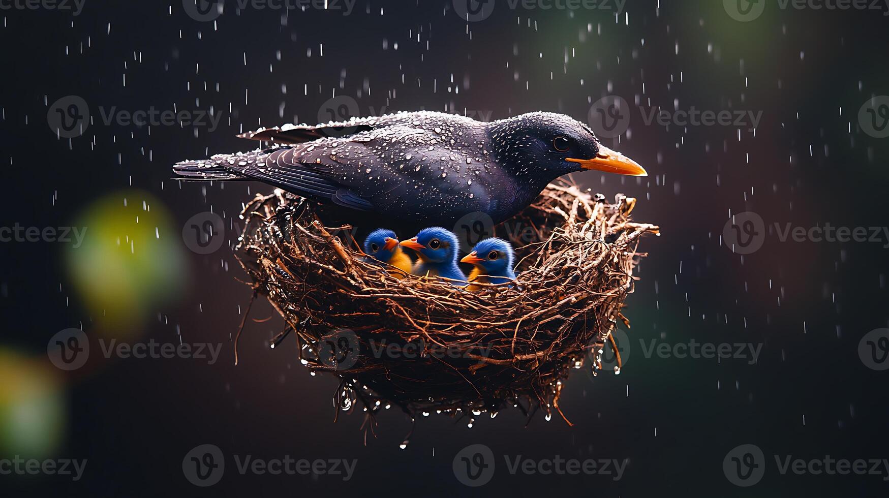 A mother bird shelters her three chicks in a rain-soaked nest amidst a blurred natural background photo