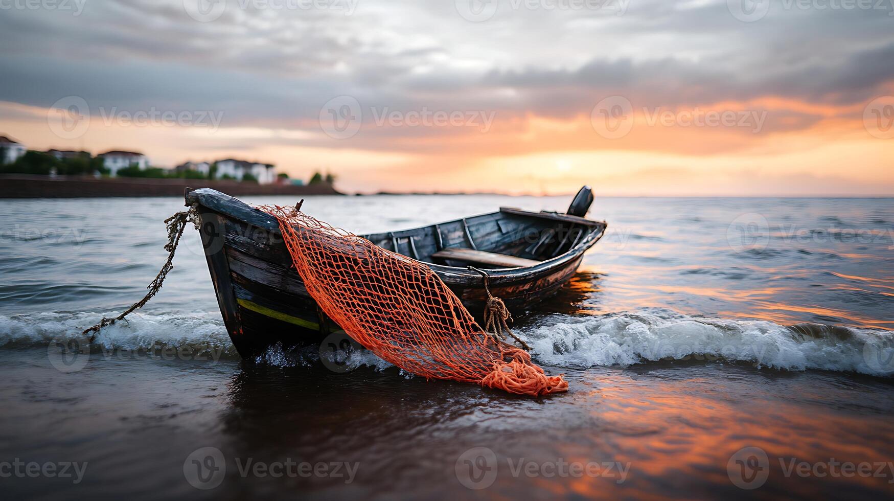 A serene sunset view of a fishing boat with a net, gently resting on calm waters by the shore photo