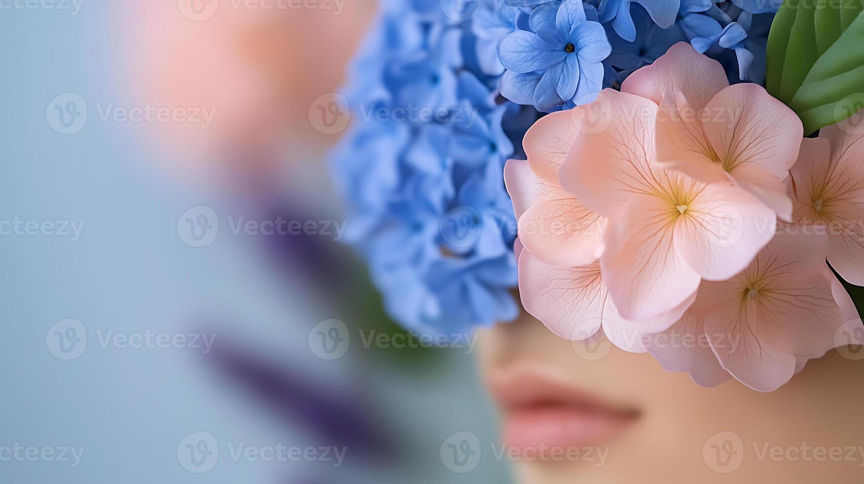 A serene portrait of a woman adorned with vibrant flowers, symbolizing beauty and nature's tranquility photo