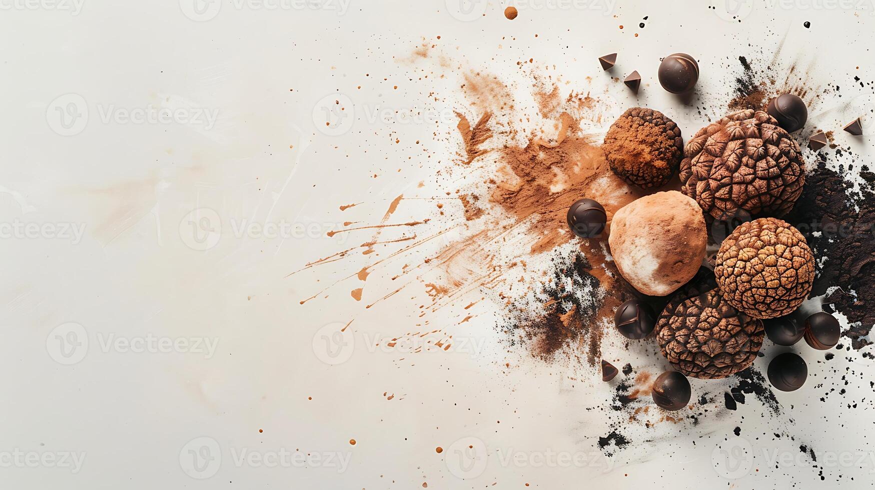 Chocolate truffles, cocoa powder, and dark chocolate on white background, food photography for recipe or packaging photo