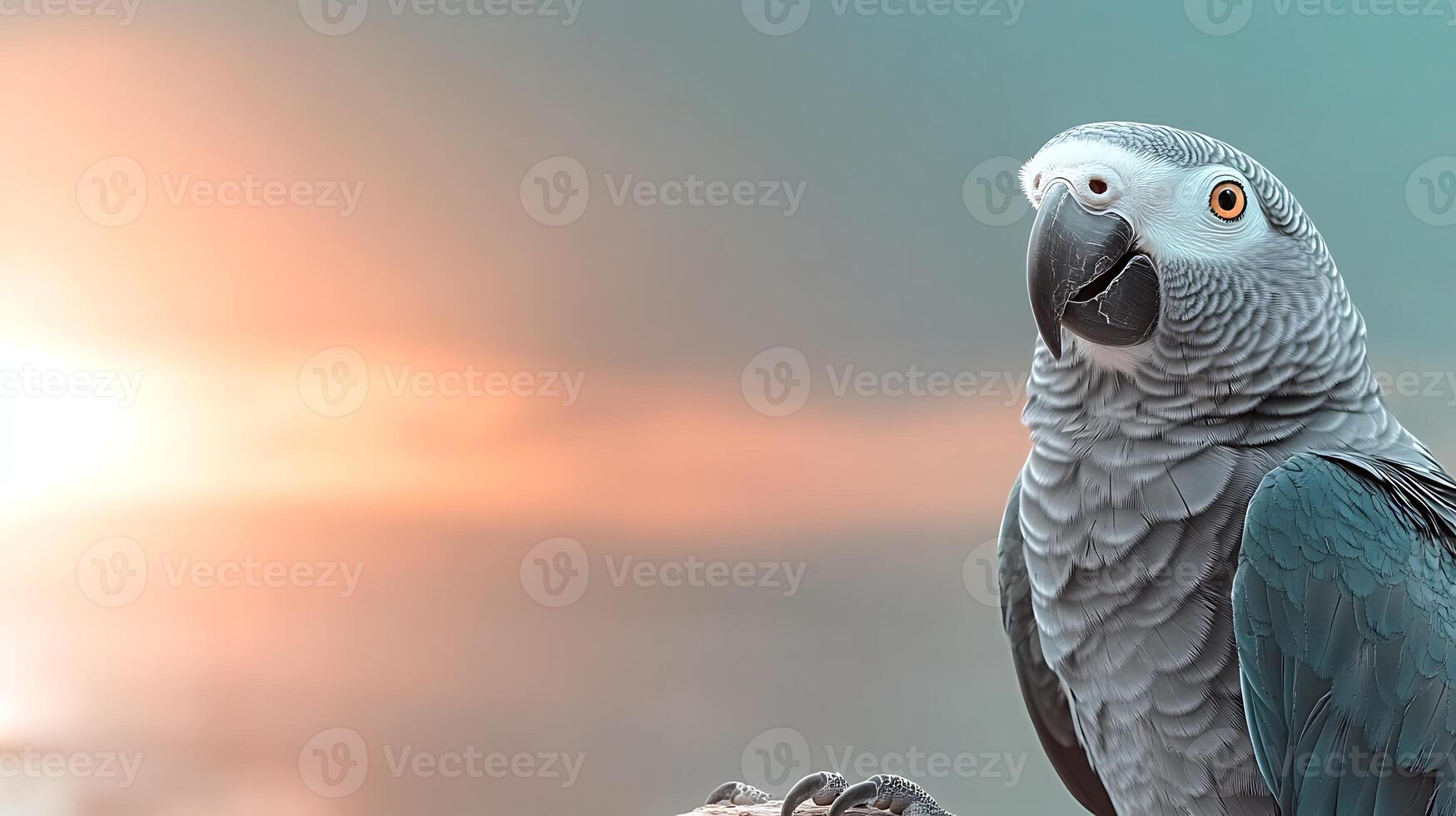 A vibrant grey parrot perched on a branch, basking in the soft glow of a sunset by the sea photo