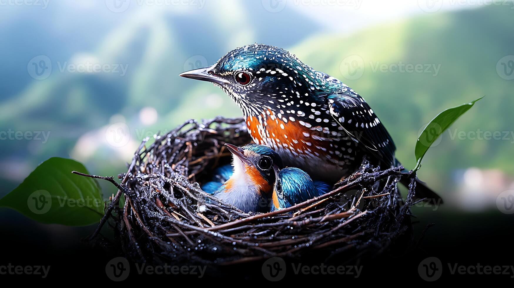 A vibrant kingfisher bird family nestled in a nest surrounded by lush green mountains photo