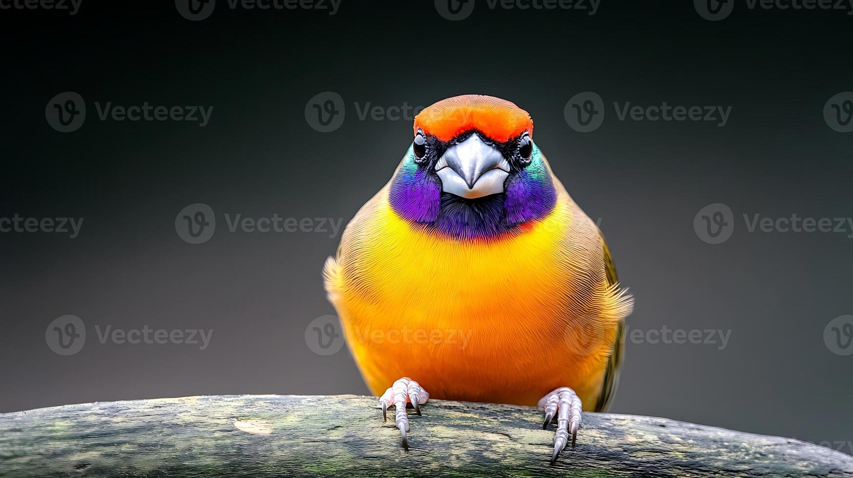 A vibrant, colorful bird perched on a branch against a dark gradient background, showcasing its striking plumage photo