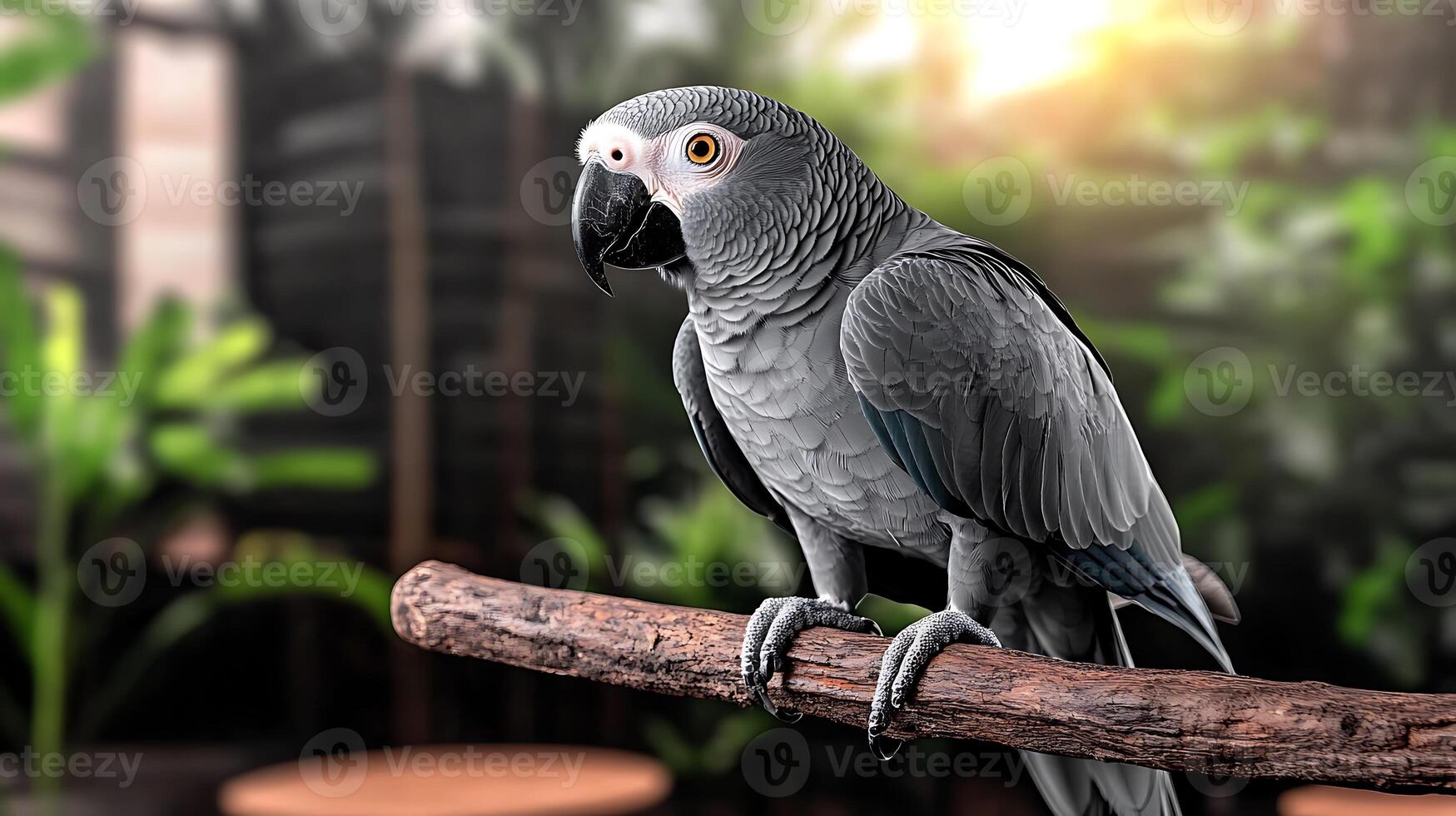 A vibrant gray parrot perched on a branch in a lush, green indoor setting with sunlight filtering through photo