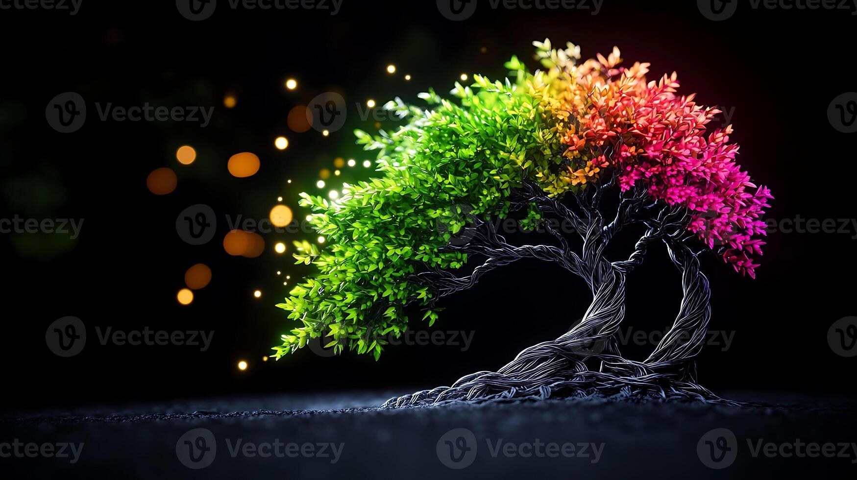 A vibrant, colorful tree with green and pink leaves against a dark background, illuminated by glowing particles photo