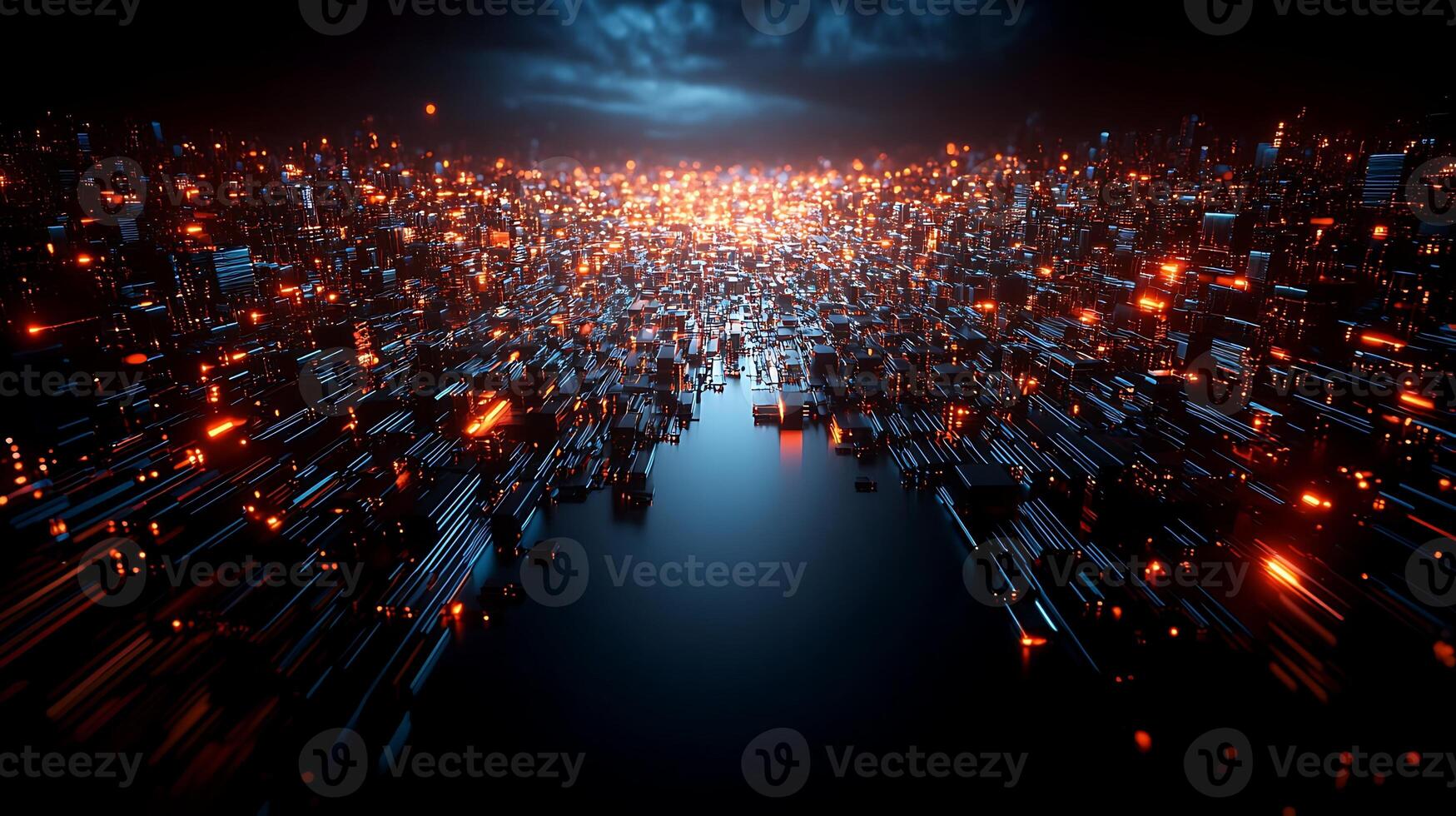 A vibrant, illuminated cityscape at night with glowing buildings and a reflective water surface photo